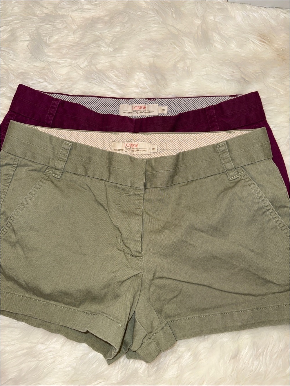 J.Crew Broken-In Chino Shorts 2-Pack in Burgundy and Olive Green, Size 8